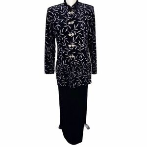 JBS Velvet Jacket and Maxi Skirt Side Slit Vintage Set Black with Silver Details